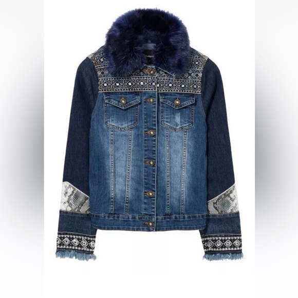 Desigual Jackets & Blazers - Desigual Pakaian Jada Wanita Patchwork Removable Fur Collar Jacket Size EU 42/L